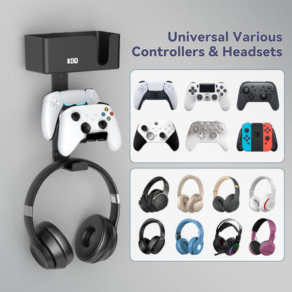 KDD 4-in-1 Wall Mount Controller Holder - Dual Game Controller and Headphone Hanger with Anti-Slip Pads for Xbox ONE/X Series/PS5/PS4 - Detachable Desk Storage for Media Remote, Phone and Speaker