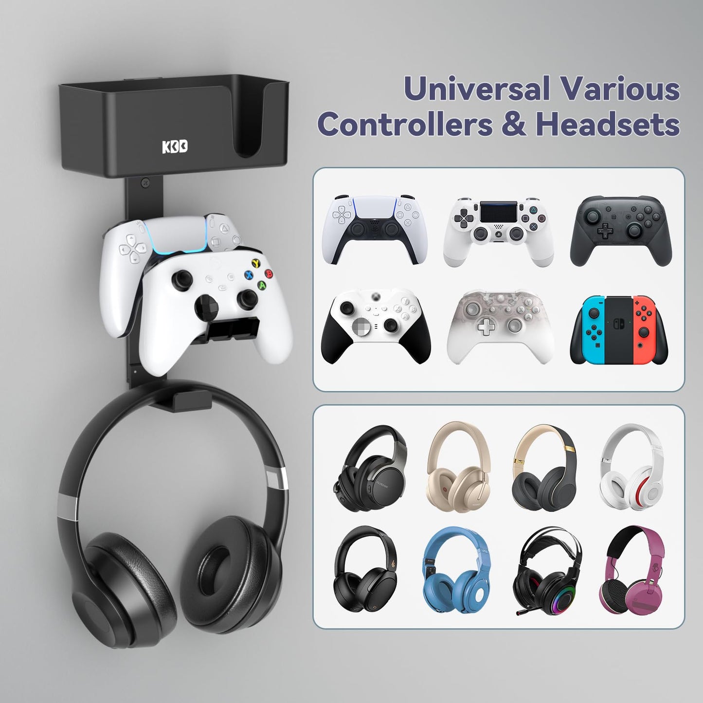 KDD 4-in-1 Wall Mount Controller Holder - Dual Game Controller and Headphone Hanger with Anti-Slip Pads for Xbox ONE/X Series/PS5/PS4 - Detachable Desk Storage for Media Remote, Phone and Speaker