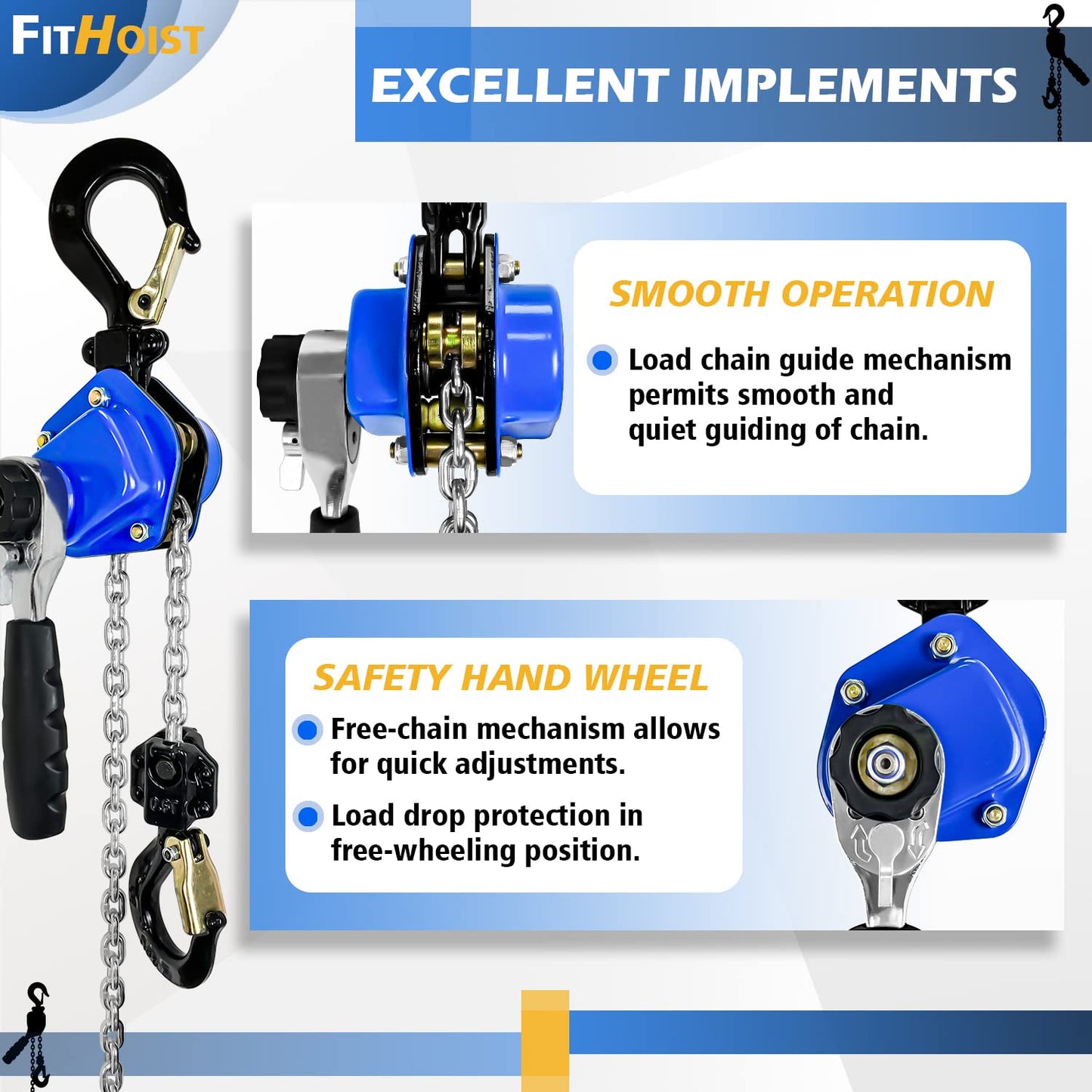 FITHOIST Mini Chain Hoist 1/2 Ton 1100Lbs Capacity 10Ft Lift Manual Lever Chain Hoist Alloy Steel G80 Chain 2 Heavy Duty Hooks, for Garages Warehouse Automotive Machinery