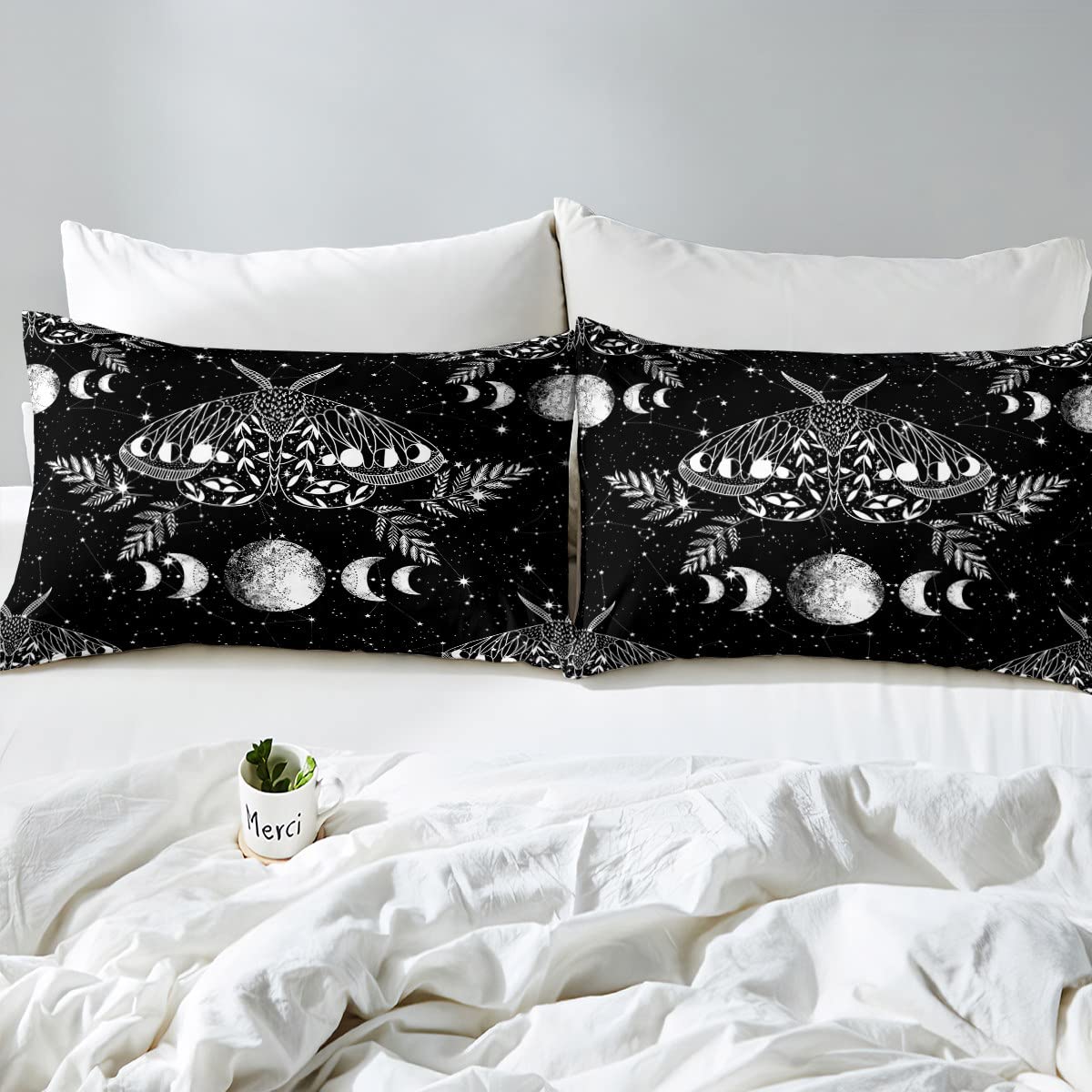 Erosebridal Gothic Moth Sheet Set Twin Size Skeleton Halloween Boho Death Moth Decor Flat Sheet Animal Skeleton Skull Bed Sheet Bohemian Sun and Moon Fitted Sheet with 1 Pillowcase