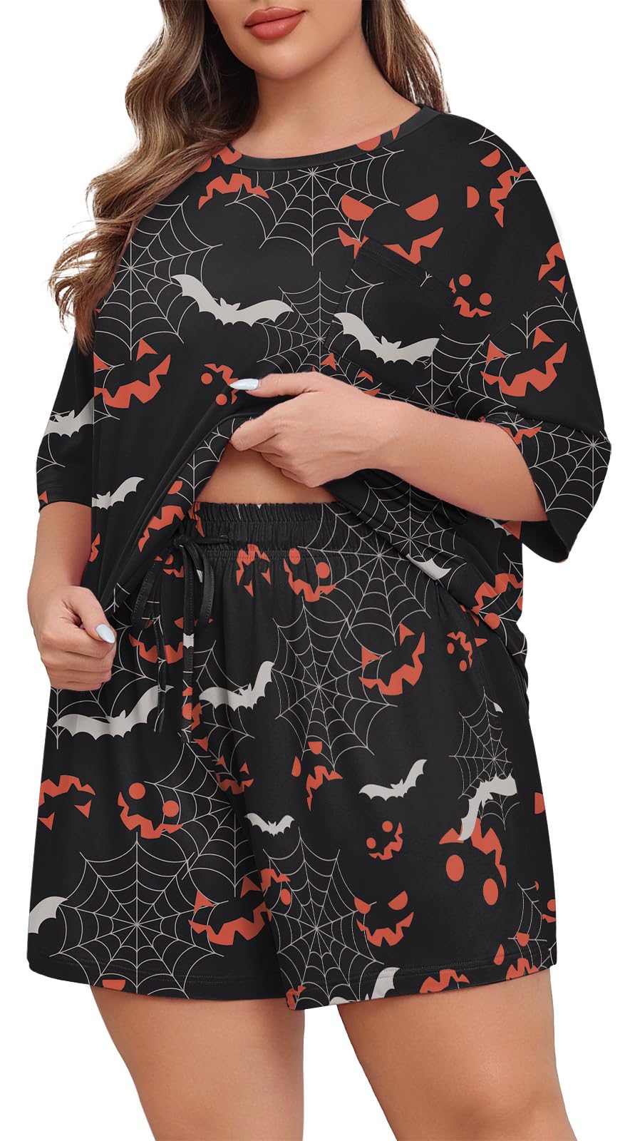 Lastshe Pajamas Set Women's Plus Size 2 Piece Soft Short Sleeve with Pockets Shorts Sleepwear Knit Pjs Loungewear Sweatsuits,Halloween Spider Web,2X