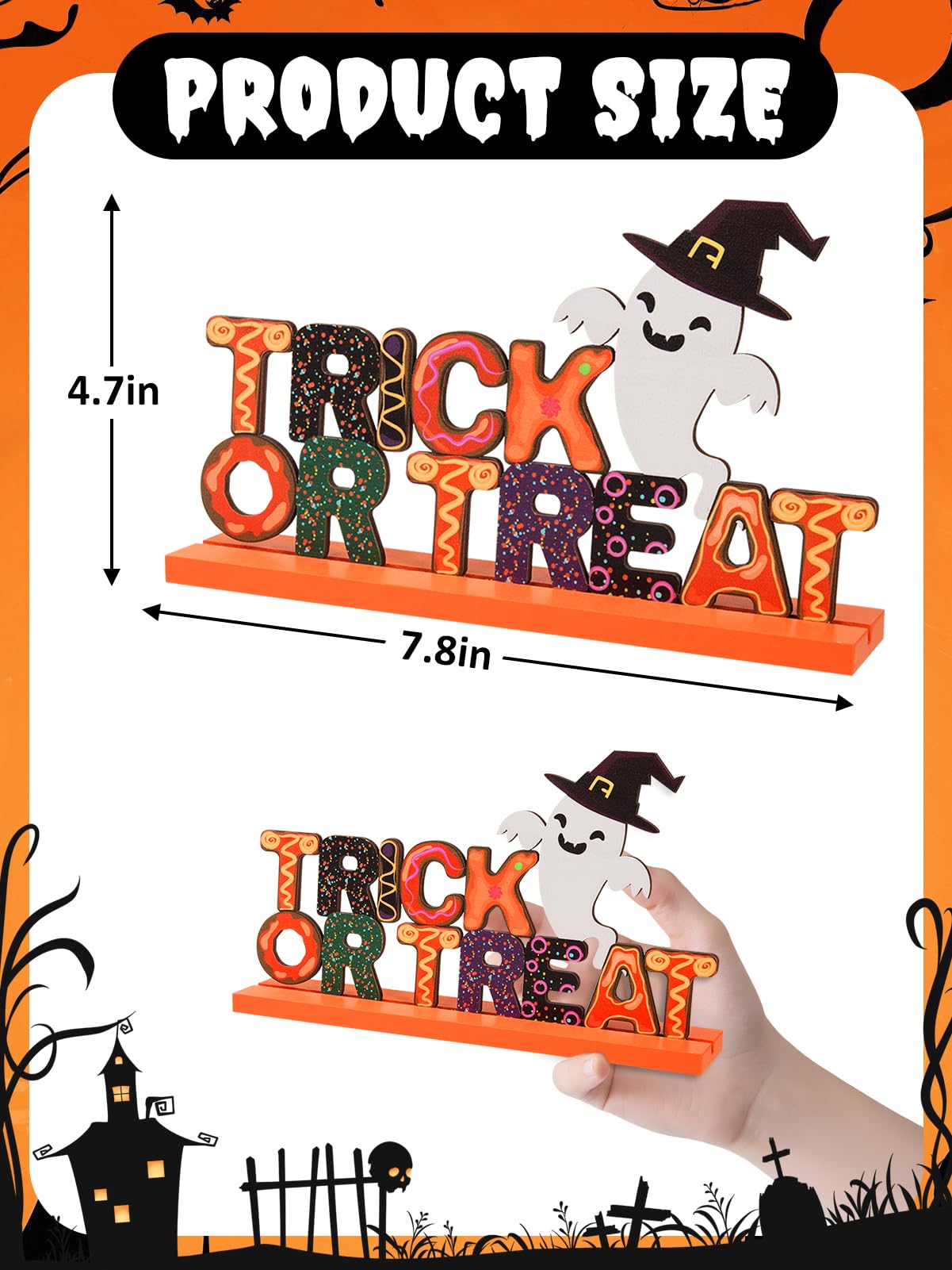 3Pcs Cute Halloween Table Decor Centerpiece Signs - Wooden Happy Halloween/Trick or Treat/Boo Indoor Decorations Gifts for Home Party, Office Desk, Kitchen, Tiered Tray
