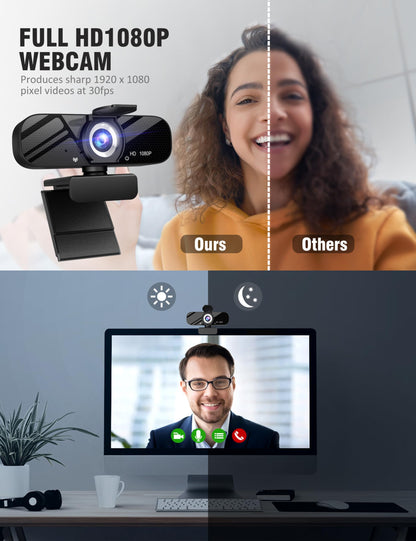Full HD Webcam with Built-in Microphone and Rotatable Tripod, 1080P Video and Wide Angle Camera, Privacy Cover, for Desktop PC or Laptop Computer