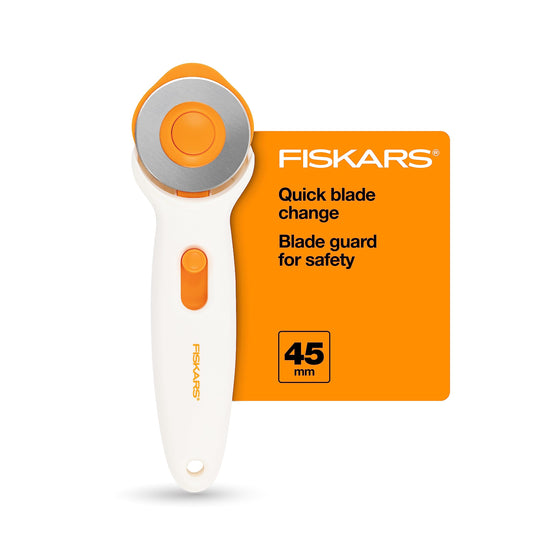 Fiskars 45mm Rotary Cutter for Fabric, Premium Steel Stick Fabric Cutter Cuts Through Multiple Layers, Right and Left Handed, Easy and Safe Blade Change, Arts and Crafts, Sewing and Quilting Tools