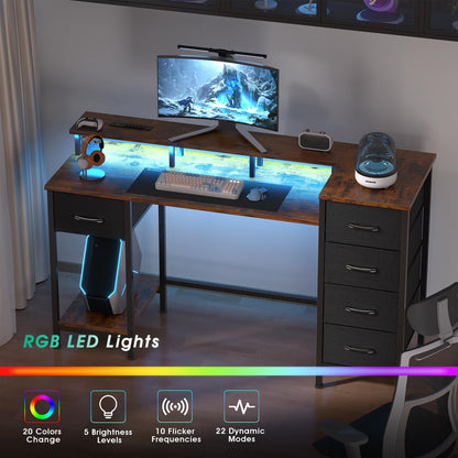 Korfile 47 Inch Computer Gaming Desk with Power Outlets LED Lights Reversible Home Office with Adjustable Fabric Storage Drawers for Working Writing Study, Rustic Brown