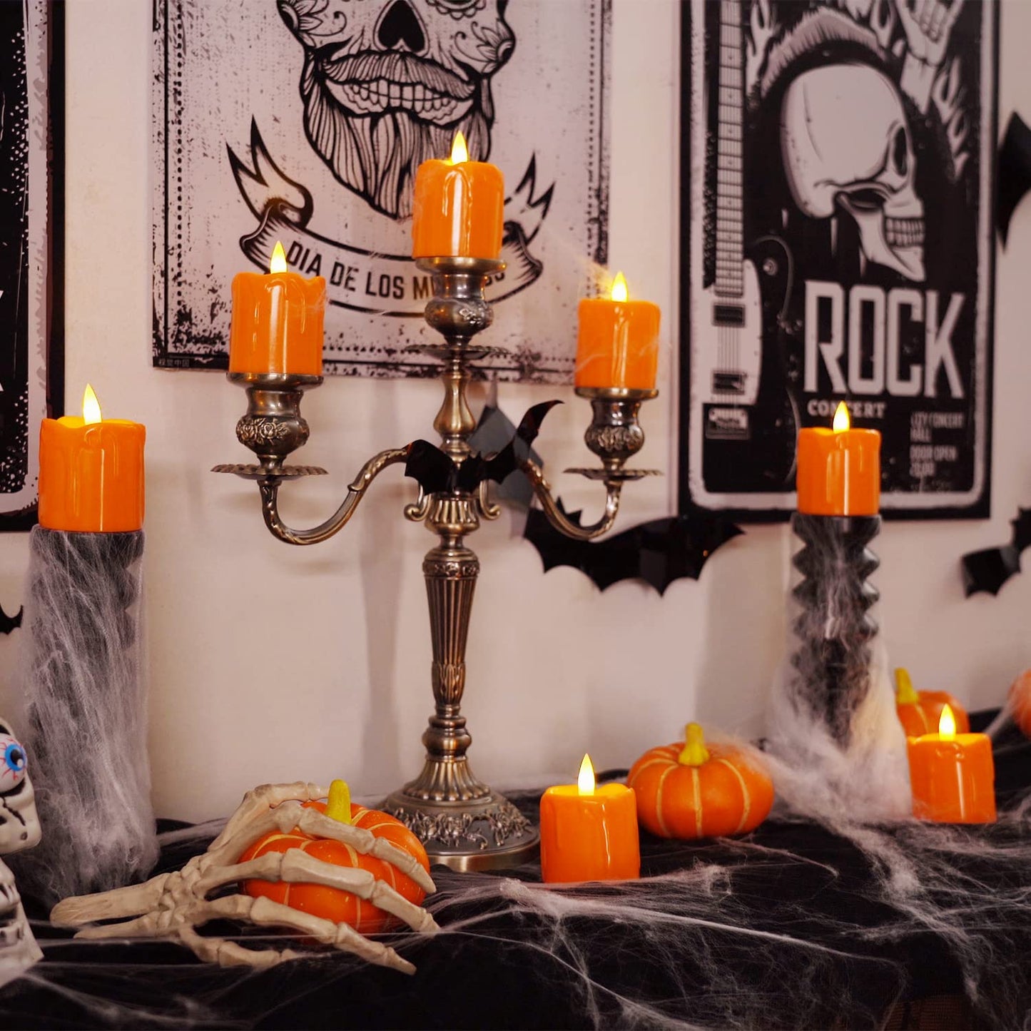 Homemory 2" x 2" Orange Flameless Votive Candles with Timer, Realistic Battery Operated Candles, 6Pack Black Wick Fall Candle for Pumpkin Lanterns, Halloween Decorations