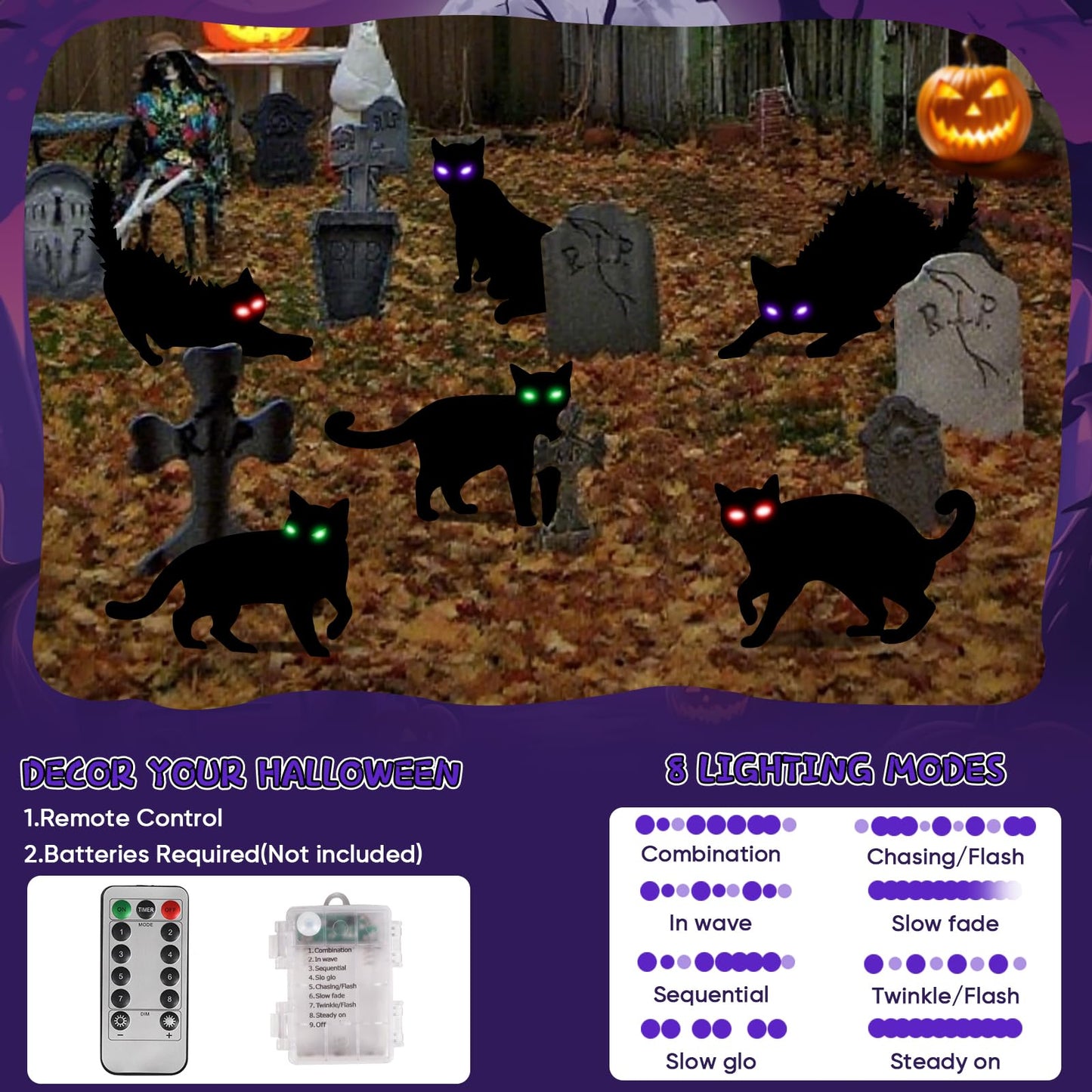 LCHUANG 6Pack Black Cat Halloween Decorations Outdoor with LED Glowing Eyes Lights Black Cat Yard Stakes Halloween Decor, Waterproof Outside Cats Blow up Scary Patio Lawn Decorations