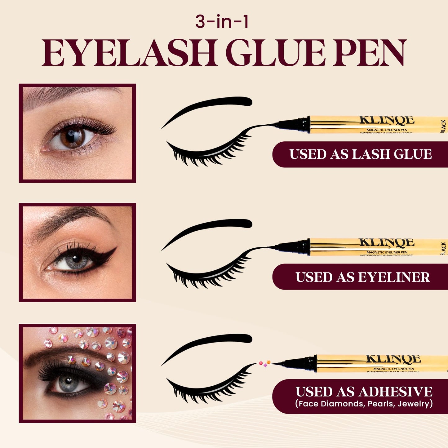 KLINQE Black Eyeliner Eyelash Glue Liner, Latex Free Lash Adhesive, Strong Hold, Glue Pen For Strip Lash, Magnetic Eyelashes, Smudge Proof, Eye Jewelry