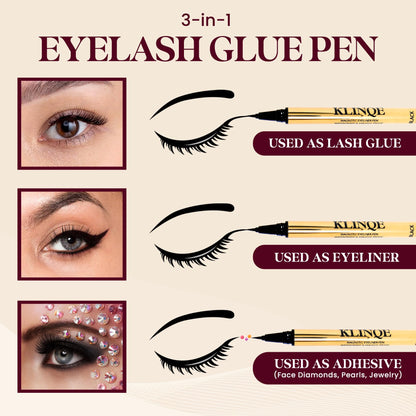 KLINQE Black Eyeliner Eyelash Glue Liner, Latex Free Lash Adhesive, Strong Hold, Glue Pen For Strip Lash, Magnetic Eyelashes, Smudge Proof, Eye Jewelry