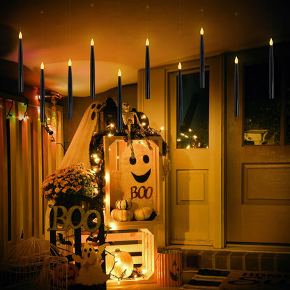 Leejec 10 Pcs of 10.8" Floating Candles, Magic Wand Remote with 6/18H Timer, Halloween Decorations, Hanging Flameless Taper Candles, Flickering Warm White LED, Home Decor, Witch Wizard Gift (Black)