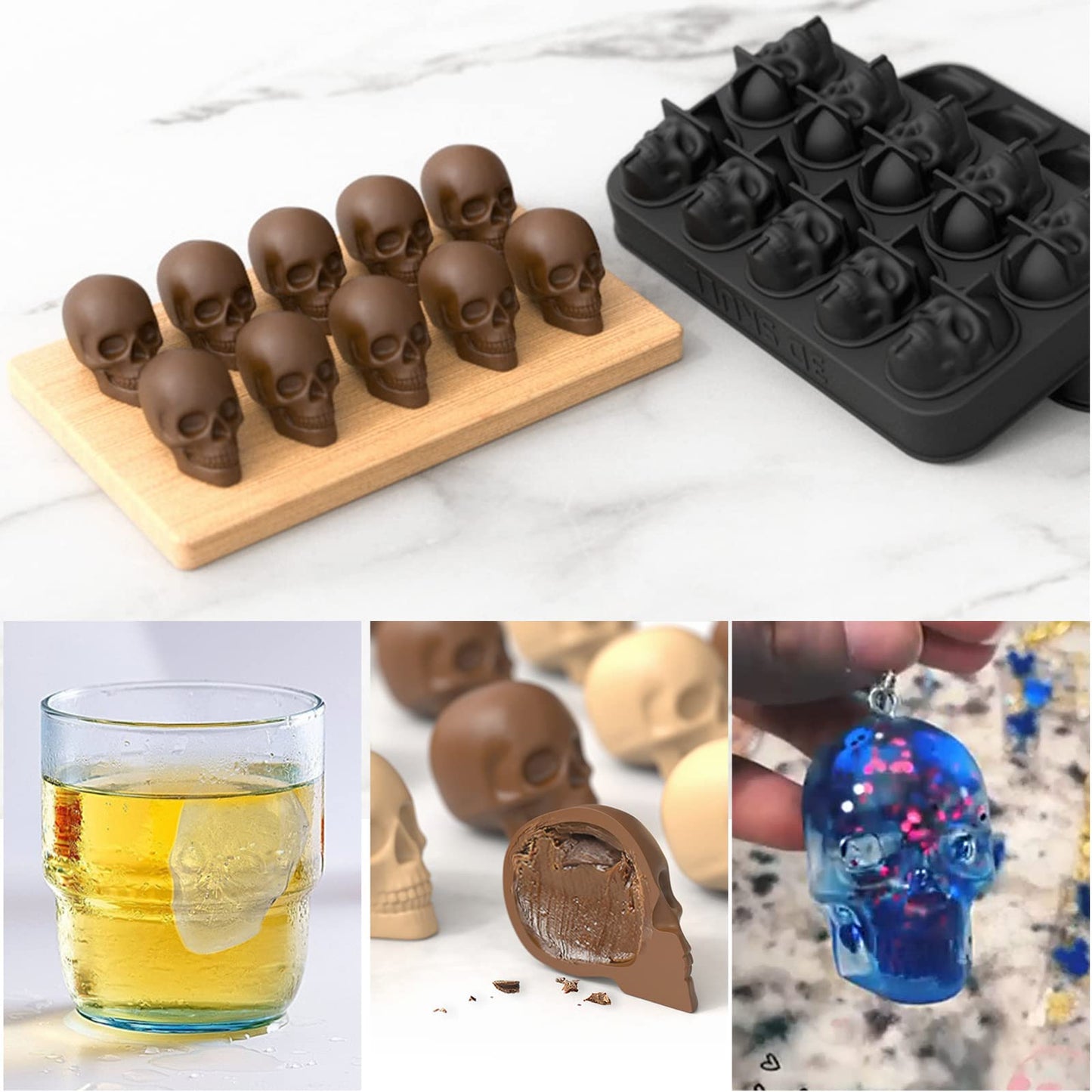 Ice Cube Trays,Silicone Ice Cube Mold Maker with Lid,Skull Head Style Mold,for Chilling Whiskey, Cocktail, Beverages,Pudding Chocolate