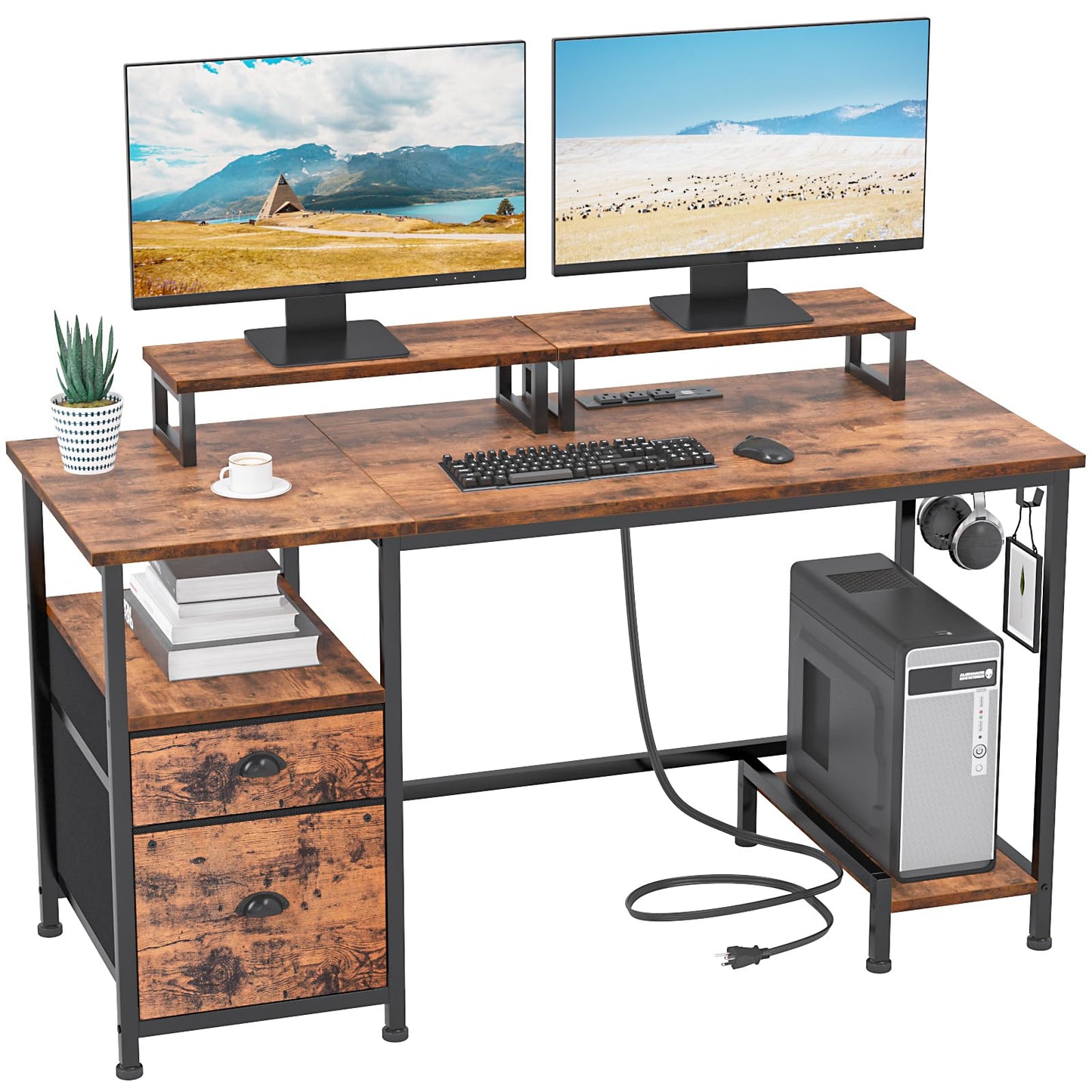 Furologee 47" Computer Desk with File Cabinet and Power Outlets, Home Office Desk with 2 Monitor Stands and Storage Drawer, Writing Gaming Table with Shelves and 2 Hooks for Bedroom, Rustic Brown