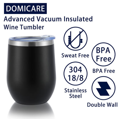DOMICARE Stainless Steel Wine Tumbler Bulk with Lid, Personalized Insulated Tumblers Set, 12oz Travel Coffee Cups Pack of 12, Black