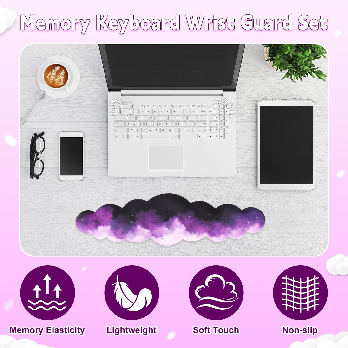 Keyboard Cloud Wrist Rest for Computer, Keyboard High Density Memory Foam Wrist Pad with Non-Slip Base Keyboard Pad for Typing Pain Relief Keyboard Hand Rest for Laptop/Computer(Star Purple)