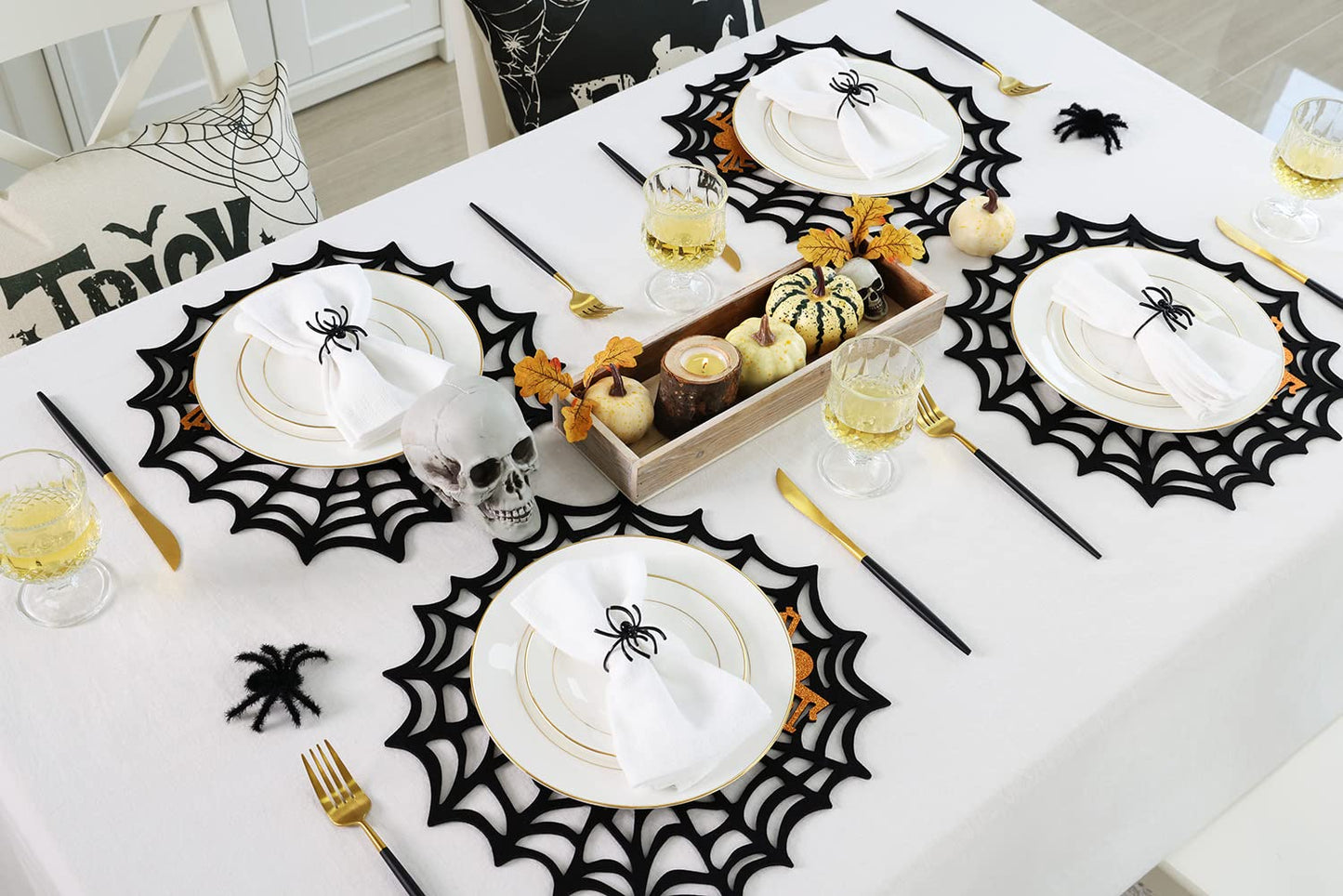 Feuille Round Halloween Placemats Set of 4 13.5 Inch Black Spider Web Placemats with Orange Glitter Felt Spider Placemats Perfect for Halloween Decorations Indoor