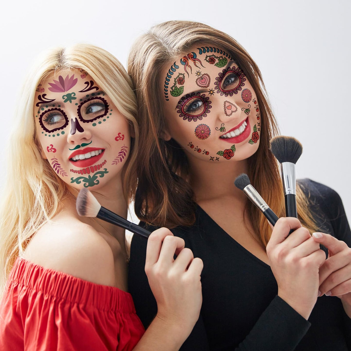 Halloween Temporary Face Tattoos (12Pack), Konsait Day of the Dead Sugar Skull Floral Black Skeleton Web Red Roses Full Face Mask Tattoo for Women Men Adult Kids Boys Halloween Party Favor Supplies