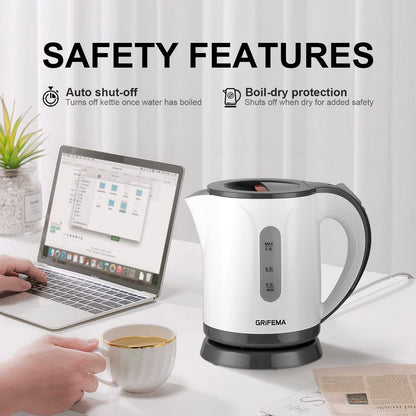GRIFEMA Small Electric Tea Maker, 0.8 L, 1100 W - Quiet Kettle With Limescale Filter, BPA-Free, Automatic Shut-Off, Overheating Protection, White