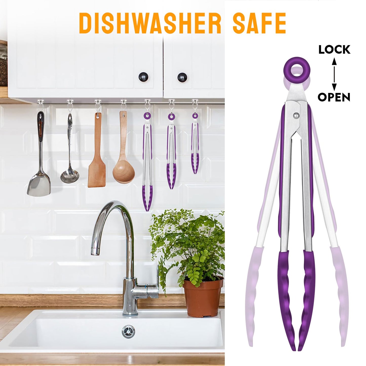 HOTEC Premium Stainless Steel Locking Kitchen Tongs with Silicon Tips, Set of 3-7", 9" and 12" (Purple)