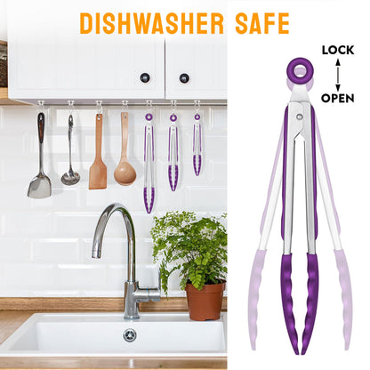 HOTEC Premium Stainless Steel Locking Kitchen Tongs with Silicon Tips, Set of 3-7", 9" and 12" (Purple)
