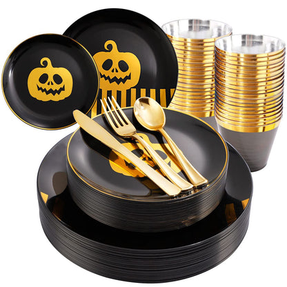 KIRE 25 Guest Halloween Plates Black Gold Plastic Plates Smiley Pumpkin include 50PCS Black &150PCS Gold Plastic Silverware&25PCS Clear Black Cups for Halloween Party