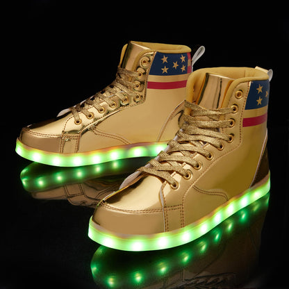 LED Light Up High Top Shoes for Women Men, USB Charging Glitter Chain Halloween Sneakers Couple Dancing Glowing Flashing Luminous Trainers(Glitter Gold,6.5)