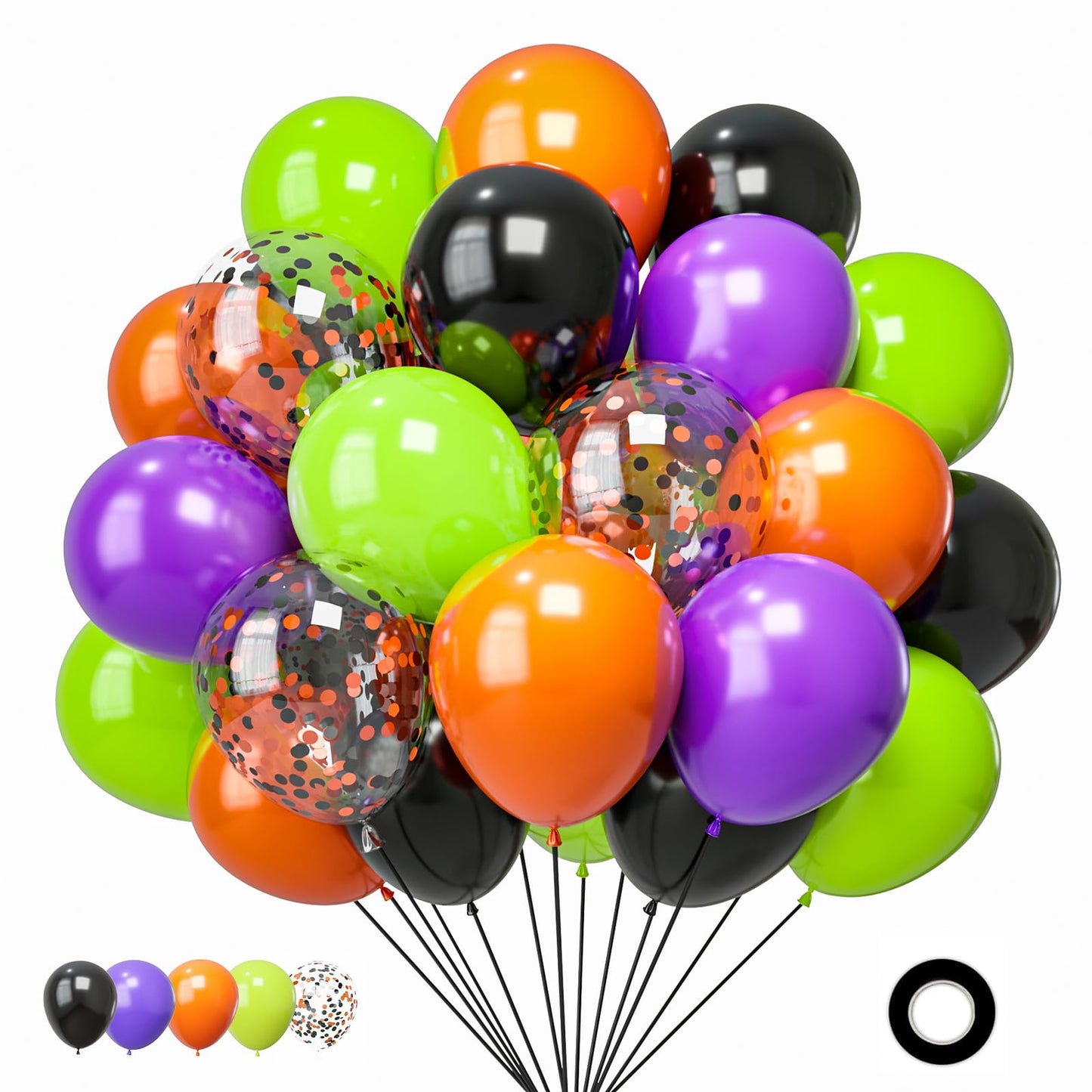 Halloween Balloons Set, 50Pcs 12Inch Black Orange Purple Green Balloons Kit, Black and Orange Latex Balloons for Birthday Halloween Party Decorations
