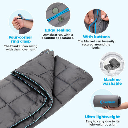 KingCamp Ultralight Camping Blanket, Packable Down Alternative Puffy Wearable Blankets Weatherproof Warm Package Quilt with Snap Buttons for Outdoor Hiking Travel Picnic Stadium (69" x 53", CHARCOAL)