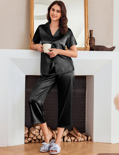 Ekouaer Womens Satin Pajamas Silk Capri Pjs 2 Piece Lounge Sets Short Sleeve Button Down Sleepwear Black Small