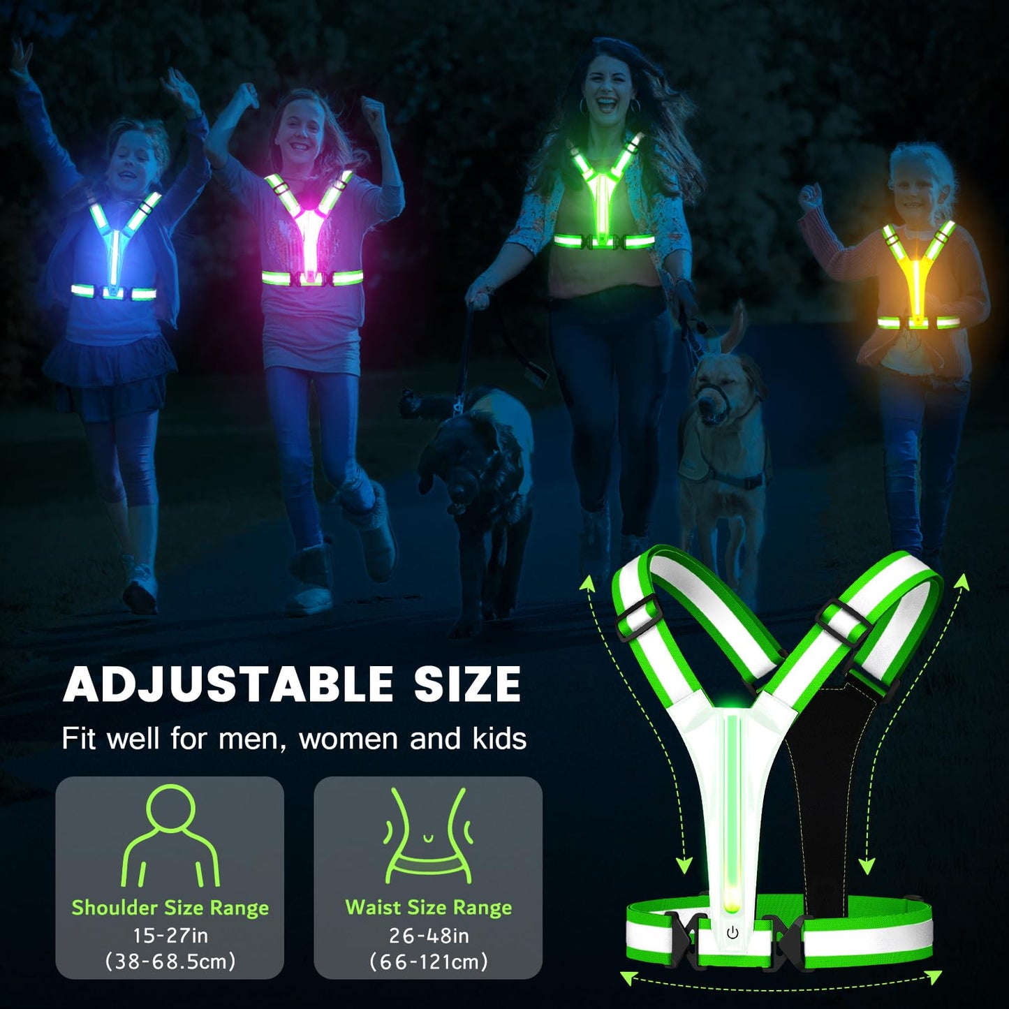 Fokia Kunbio LED Reflective Running Vest Gear,Light Up Vest Runners Night Walking USB Rechargeable,Up to 11hrs Light with Adjustable Waist/Shoulder for Women Men Kids