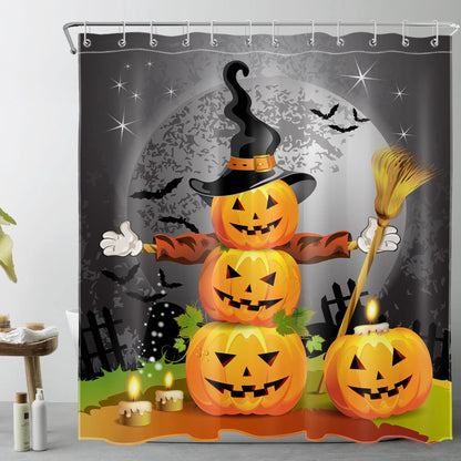 LB Halloween Pumpkins Shower Curtain Set Magic Hat Ghost Broom Bathroom Curtain Party Decor,Bath Curtain Hooks Include,72x72 inch Waterproof Polyester Fabric