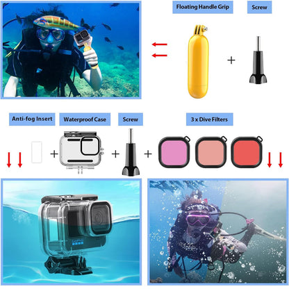 HONGDAK Action Camera Accessories Kit for GoPro Hero 13 12 11 10 9 Black, Waterproof Housing+Silicone Case+ Adjustable Arm+Head Chest Wrist Strap+Bike Mount+Suction Cup+Floating Grip Bundle Set 63in1