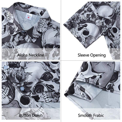 Goodstoworld Hawaiian Mens Skull Shirts 3D Halloween Horror Short Sleeve Print Teen Boys Aloha Button Down Dress Shirt Polo Party Gift Tops Black Grey