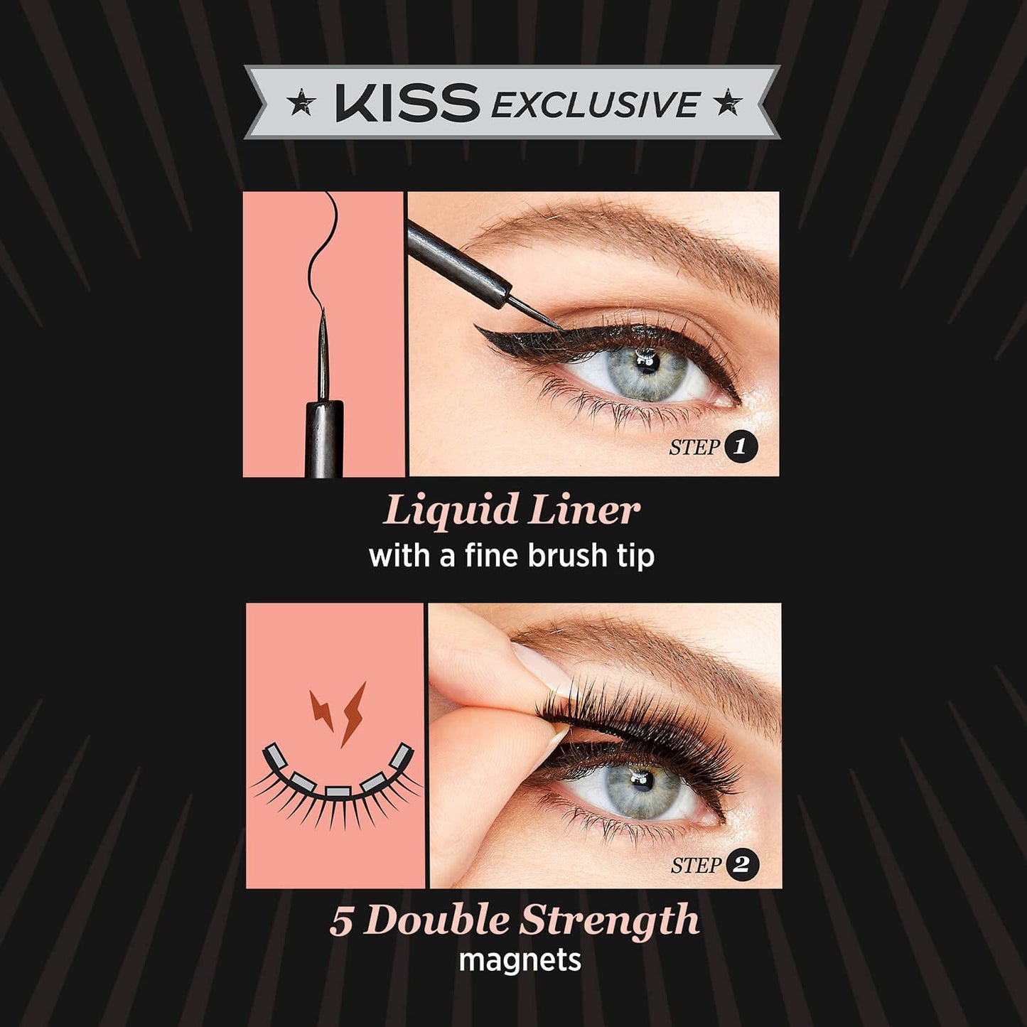 KISS Magnetic Eyeliner & Lash Kit, Tempt, 1 Pair of Synthetic False Eyelashes With 5 Double Strength Magnets and Smudge Proof, Biotin Infused Black Magnetic Eyeliner with Precision Tip Brush