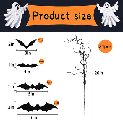 24 Pcs Halloween Artificial Curly Willow Branches with 12 Pcs Bats- Fake Black Bat Halloween Branches Picks- Glitter Artificial Black Twig Stems Sticks for Holiday Tree Vase Home Decor