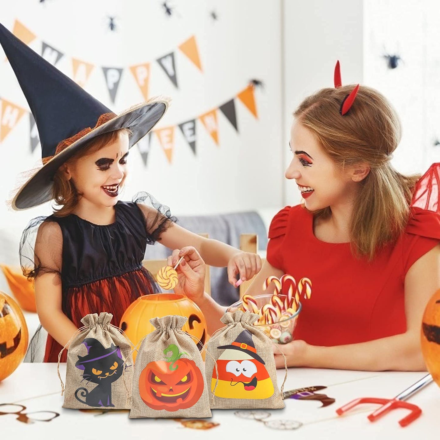 DERAYEE Halloween Burlap Treat Bags with Drawstrings, 6"x 8" Gift Candy Bags Goodie Bag for trick or treat Kids Halloween Party Favor 18Pcs