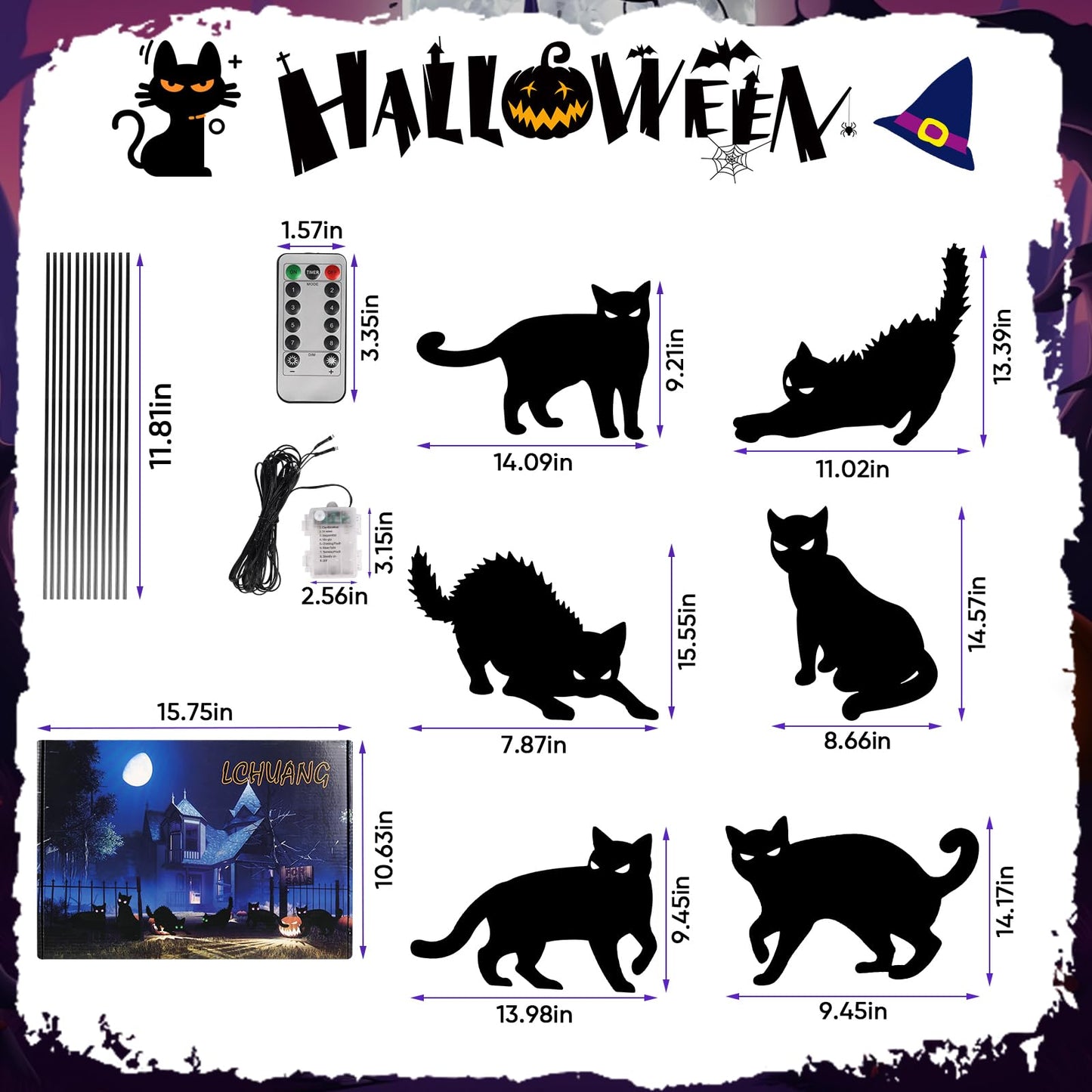 LCHUANG 6Pack Black Cat Halloween Decorations Outdoor with LED Glowing Eyes Lights Black Cat Yard Stakes Halloween Decor, Waterproof Outside Cats Blow up Scary Patio Lawn Decorations