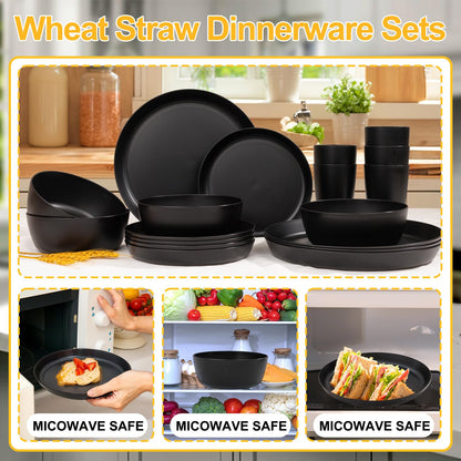 EI 24pcs Black Wheat Straw Plates,Wheat Straw Dinnerware Set,Plates and Bowls Sets,Reuasble Plate,Unbreakable Dinner Plate Heavy Duty Plastic for Halloween
