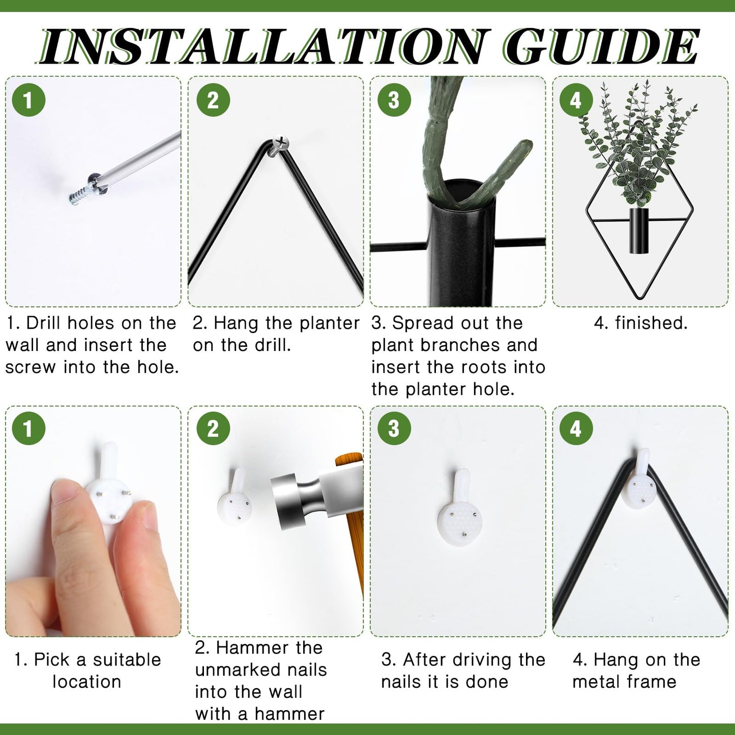 Jexine Hanging Planters with Artificial Eucalyptus Metal Hanging Vase Indoor Plants Holder Modern Geometric Boho Bathroom Wall Decor for Living Room Home Office (Black,4 Pcs)