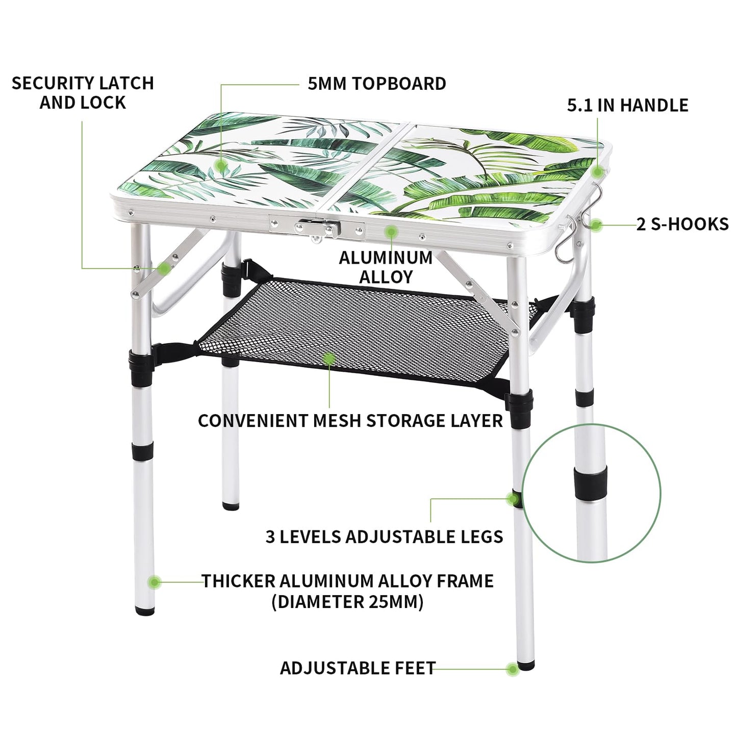Folding Camping Table 2ft Portable Pinic Table Adjustable Height Small Card Table Aluminum Foldable Lightweight with Carry Handle for Outdoor Indoor Hiking Camp BBQ Beach (Monstera Palm Leaves)