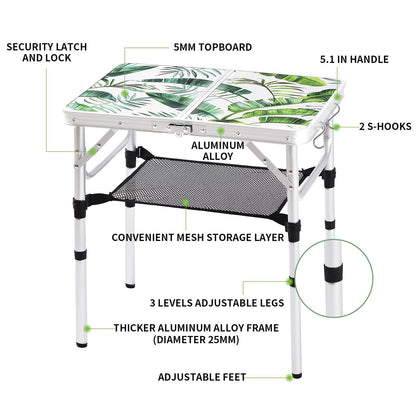 Folding Camping Table 2ft Portable Pinic Table Adjustable Height Small Card Table Aluminum Foldable Lightweight with Carry Handle for Outdoor Indoor Hiking Camp BBQ Beach (Monstera Palm Leaves)
