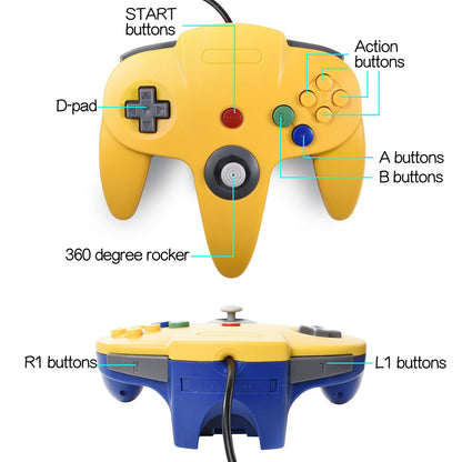 Classic N64 Controller, miadore Rerto N64 Gaming Remote Gamepad Joystick for N64 Console Video Game System ( Yellow and Blue)