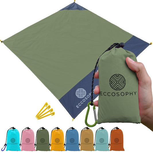 ECCOSOPHY Sand Proof Beach Blanket - Waterproof Picnic Blanket 60x55-Outdoor Compact Pocket Blanket-Lightweight Ground Cover for Hiking, Camping, Festivals, Sports, Travel-with Bag & Stakes (Olive)
