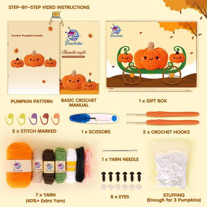Crochetta Crochet Kit for Beginners, Crochet Starter Kit with Step-by-Step Video Tutorials, Crochet Animal Kits for Adults and Kids, DIY Craft Supplies, 3 Pack Halloween Pumpkins Family (40%+ Yarn)