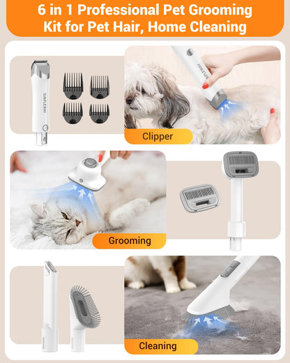 Dog Vacuum Grooming Kit for Shedding: Professional Hair Clippers Pet Groomer - Strong Suction Cleaner Deshedding Tool Fur Brush Attachment Trimmer for Home Cat (Deep White)