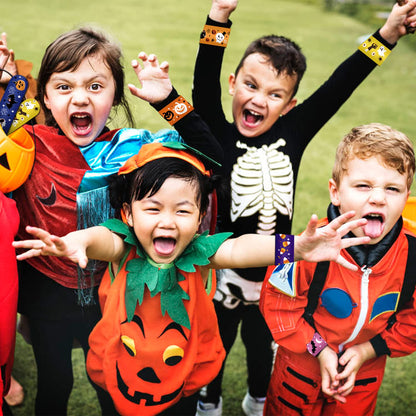 FOIMAS 48pcs Halloween Slap Bracelets, Snap Bracelet Pumpkin Witch Wristband for Kids Trick or Treat Bag Filler Party Favor Supply