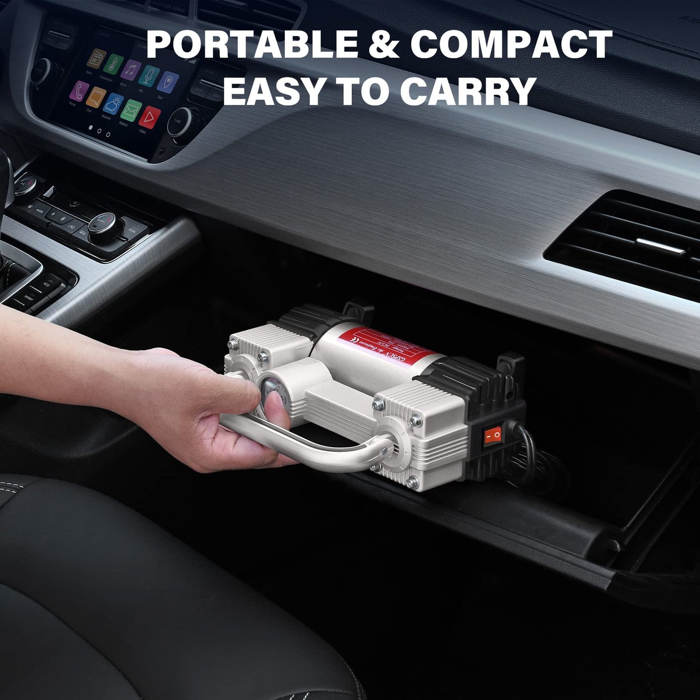 GSPSCN Silver Tire Inflator Heavy Duty Double Cylinders with Portable Bag- Car Accessories，Metal 12V Air Compressor Pump 150PSI with Adapter for Car, Truck, SUV Tires, Dinghy, Air Bed etc