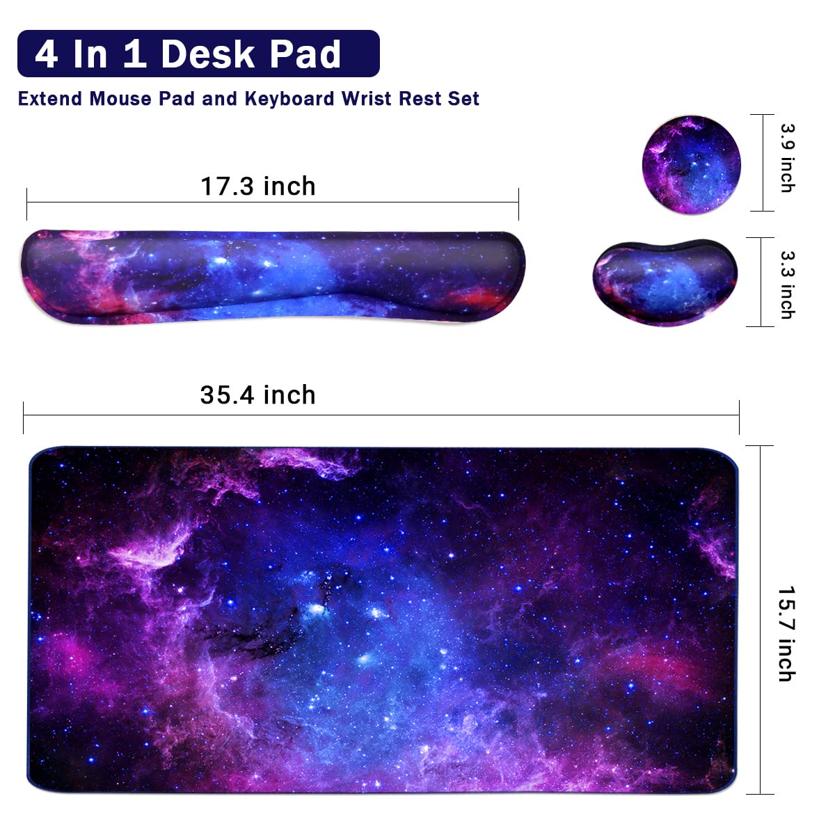 Large Mouse Pad and Keyboard Wrist Rest, Desk Pad for Keyboard and Mouse, 4-in-1 Large Gaming Mouse Pad with Wrist Support, Desk Mat for Home Office Study Game-Galaxy Fluid
