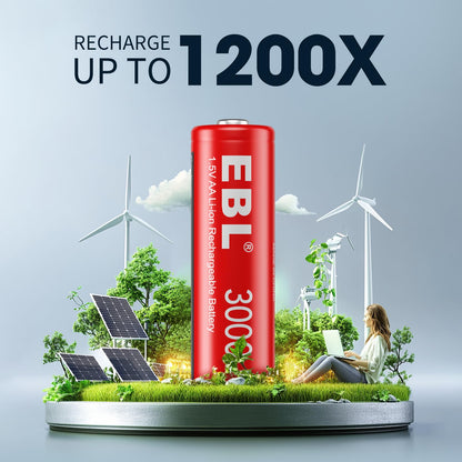 EBL 8 Pack Rechargeable Lithium AA Batteries, 1.5V 3000mWh Double a Batteries Long Lasting AA Li-ion Battery (8AA with Charger)