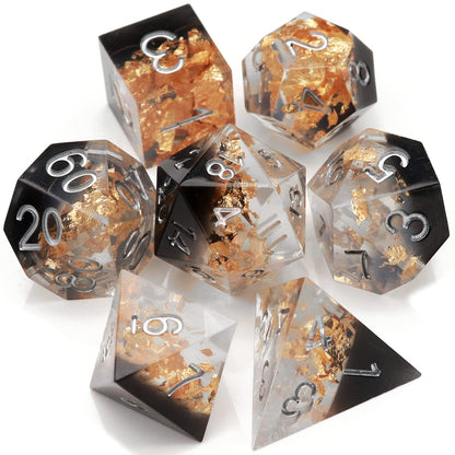 Haxtec DND Dice Set Black Sharp Edge Resin Dice Gold Flakes with Dice Case Black White Gold D&D Dice for RPG Role Playing Games Dungeons and Dragons Gift War Series