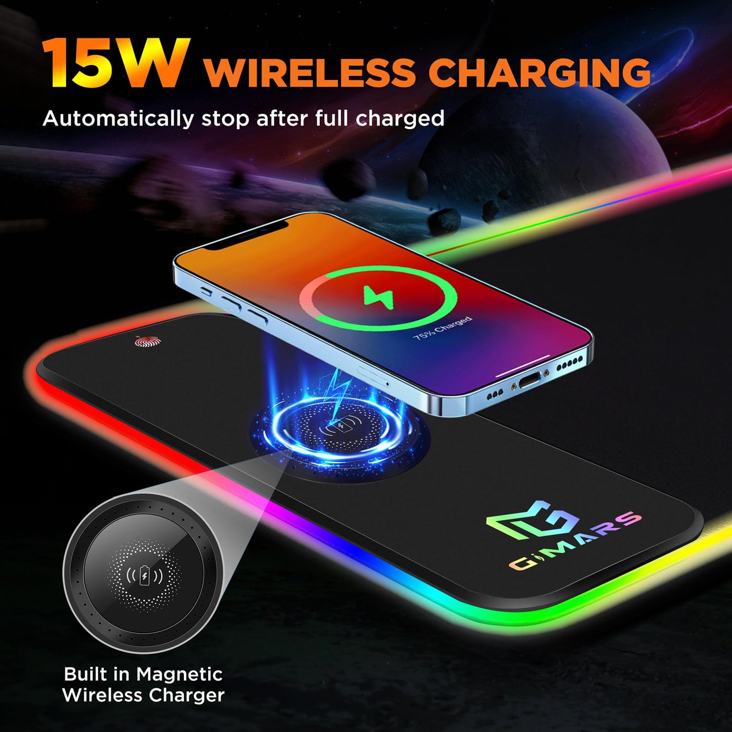 Gimars RGB Gaming Mouse Pad,15W Wireless Charging Mousepad with 10 Light Modes, Large Mousepad with Premium Smooth Surface, Non-Slip Mouse Mat for Gaming, Desk, PC,Office, 31.5x11.8x0.16inch